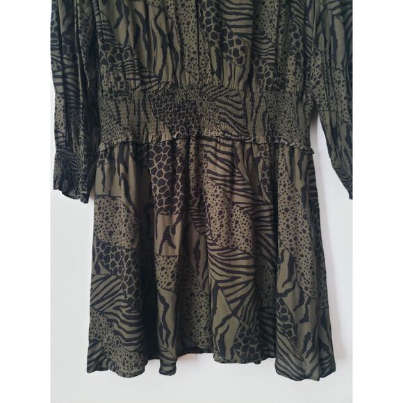 Rails Zana Animal Print Smocked Waist Mini Dress Olive Green Size Large - Picture 5 of 10
